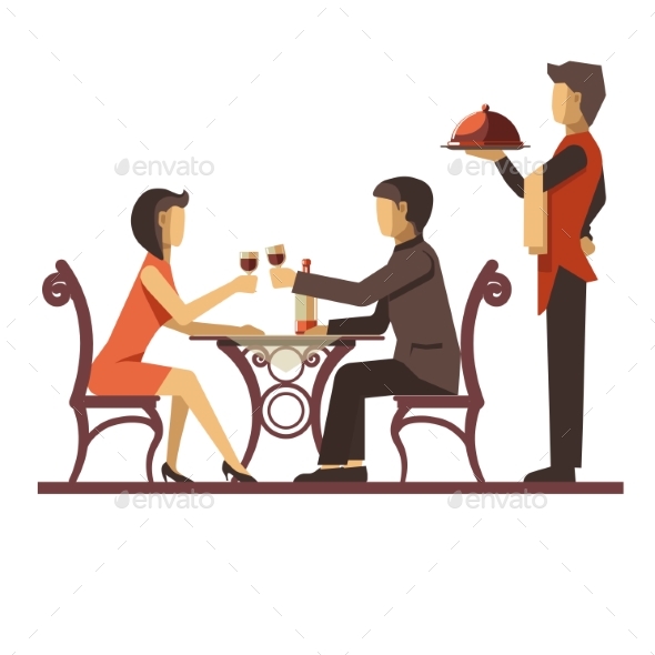 Young Couple Dating in Restaurant and Waiter - Food Objects