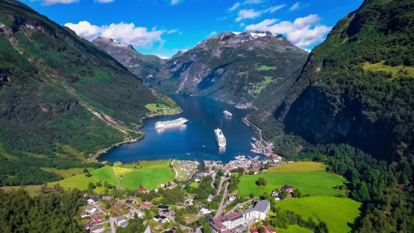 Geiranger Fjord, Beautiful Nature Norway Aerial Footage. alt
