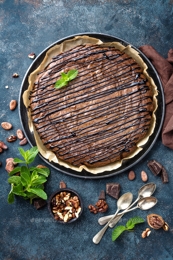 Delicious chocolate brownie cake with walnuts - Stock Photo - Images