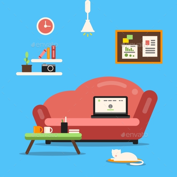 Home Office or Freelancer Interior with Sofa - Objects Vectors