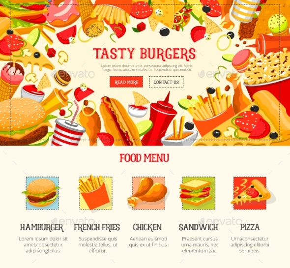 Fast Food Restaurant Lunch Menu Web Banner Design - Food Objects
