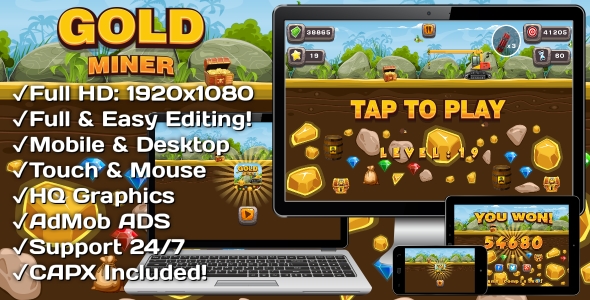 Gold Miner - HTML5 Game 20 Levels + Mobile Version! (Construct 3 | Construct 2 | Capx) - 20