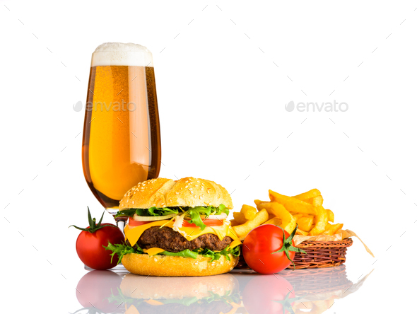 Beer, Cheeseburger and French Fries on White Background - Stock Photo - Images