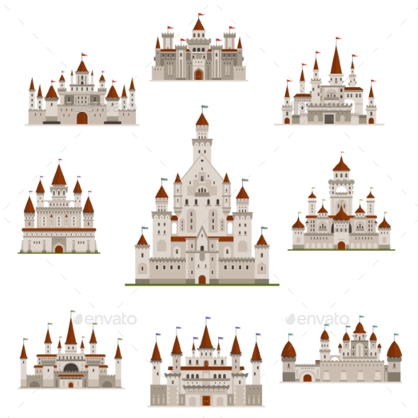 Castle or Mideval Fairy Tale Fortress Vector Icons - Buildings Objects