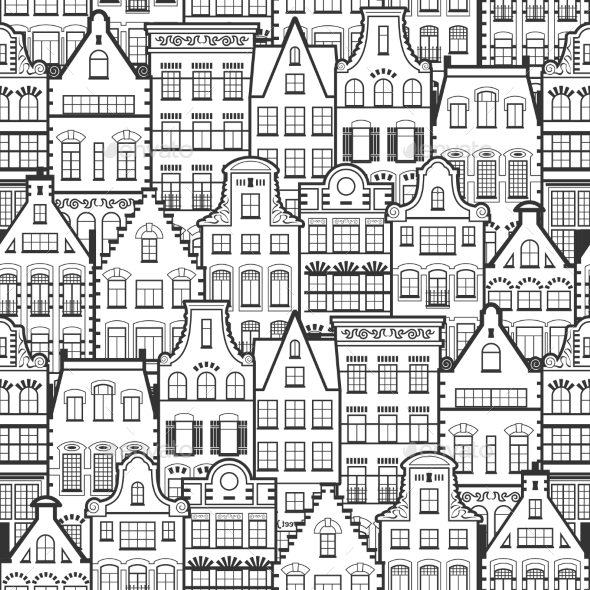 Seamless Pattern of Line Style Holland Old Houses - Buildings Objects