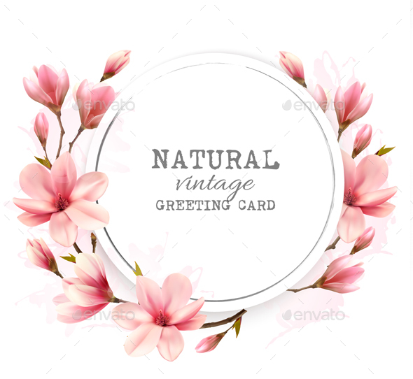 Natural Vintage Greeting Card With Pink Magnolia - Flowers & Plants Nature