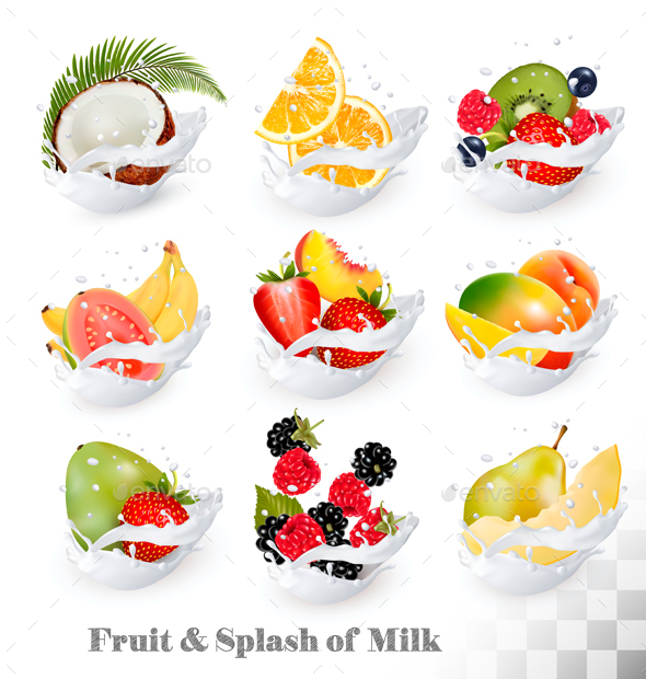 Big Collection Icons Of Fruit In A Milk Splash - Food Objects
