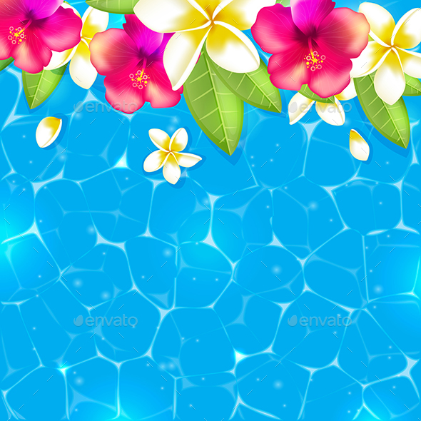 Tropical Flowers and Leaves in Blue Water - Flowers & Plants Nature