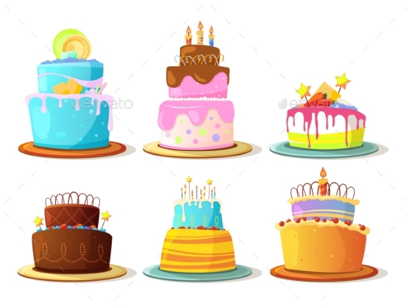 Cartoon Cream Cakes Set Isolated on White - Food Objects
