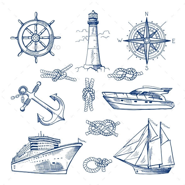 Marine Doodles Set with Ships, Boats and Nautical Items - Decorative Symbols Decorative