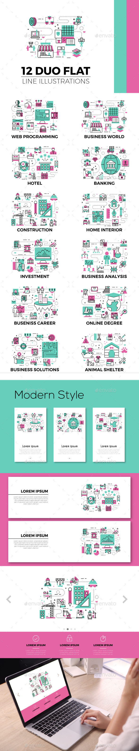 Flat Line Web Banner Illustrations - Web Elements Vectors