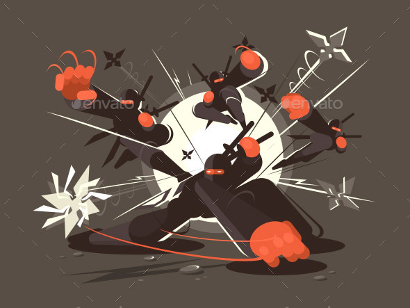 Ninjas Wearing Black Masks with Sword - People Characters
