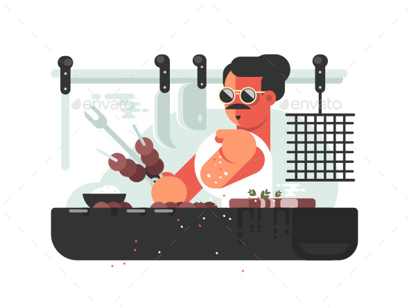 Man Cooking Barbecue on Grill - People Characters