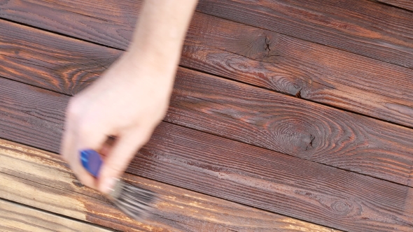 Paint Brush Painting Wooden Table with Wood Stain