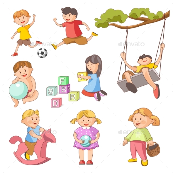 Vettoriale Stock Cartoon flat style drawing group of children playing tug  of war at playground. Happy kids playing tug of war at park. Girls and boys  pull rope, outdoor child games. Graphic