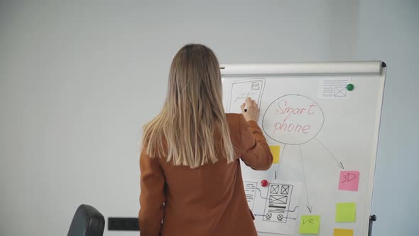 Back View of American Female Employee Writing Notes on Whiteboard in Office.