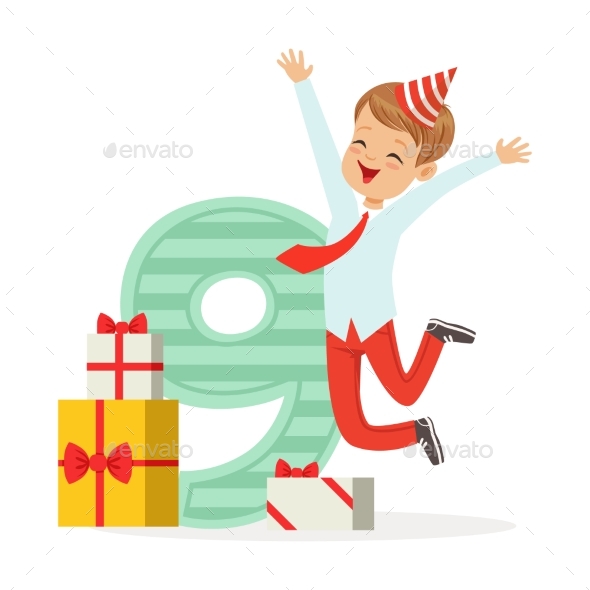 Happy Nine Year Old Boy Celebrating His Birthday - People Characters
