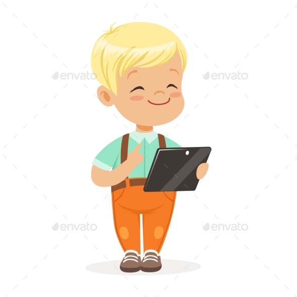 Smiling Little Boy Using Digital Tablet - People Characters