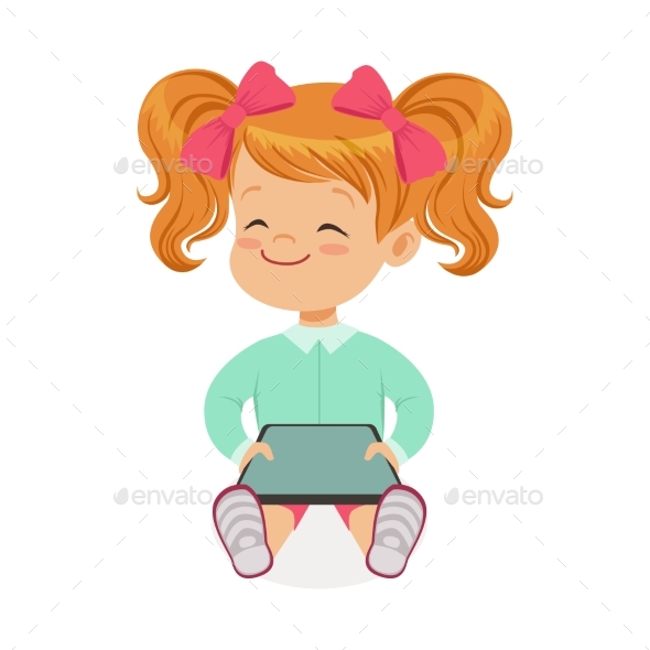 Little Girl Sitting and Playing with Digital - People Characters