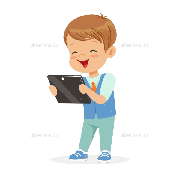 Happy Little Boy Sitting and Playing with Digital - People Characters