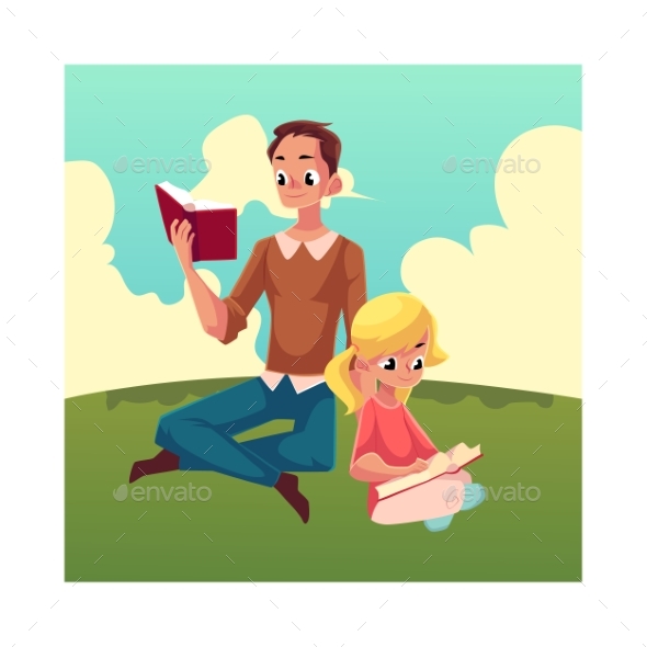Young Man and Little Girl Reading Books Sitting - People Characters