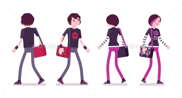 Emo Boy and Girl in Walking Pose - People Characters