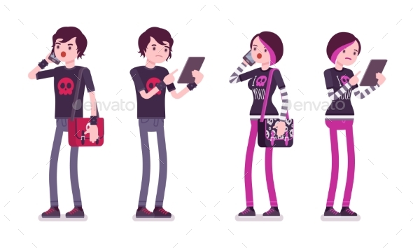 Emo Boy and Girl in Standing Pose with Gadgets - People Characters
