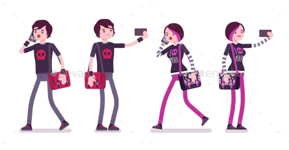Emo Boy and Girl Walking, Standing with Gadgets - People Characters