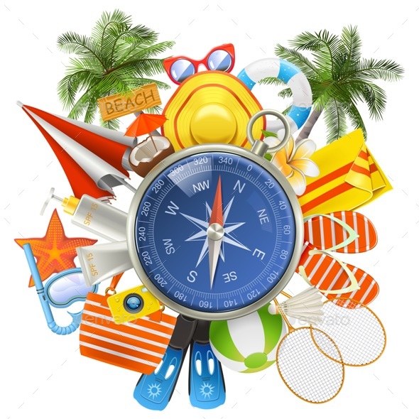 Vector Beach Accessories with Compass - Travel Conceptual