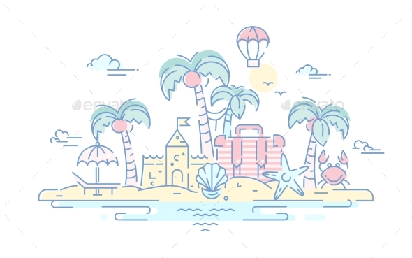 At the Seaside - Vector Line Travel Illustration - Travel Conceptual