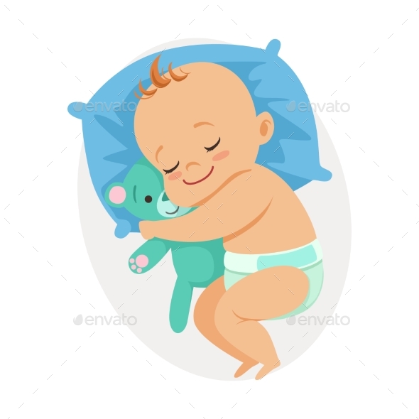 Baby Sleeping in His Bed and Hugging Bear by Top_Vectors | GraphicRiver