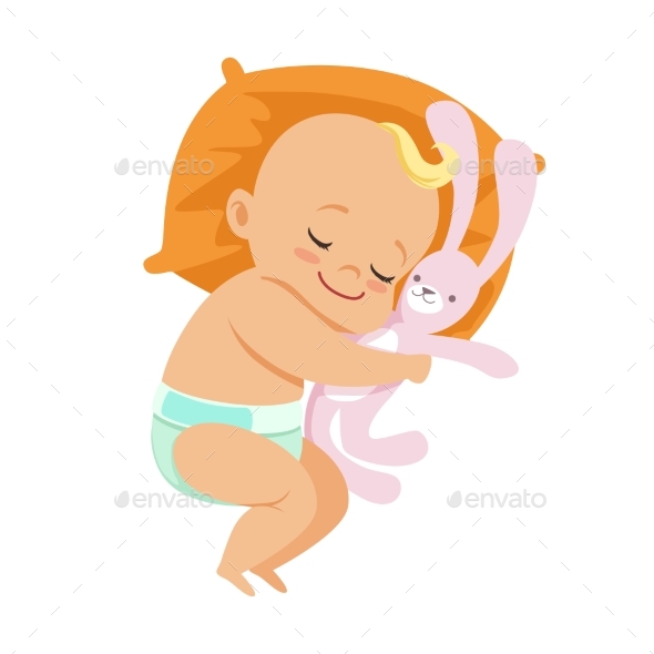 Baby in a Diaper Sleeping with Soft Toy - People Characters