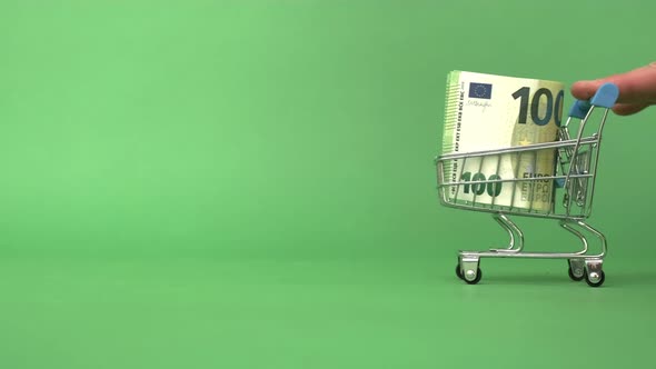 Shopping Cart with One Hundred Euro Banknote on Green Background Buying Currency