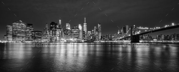 Black and white panoramic photo of Manhattan at night, NYC. - Stock Photo - Images