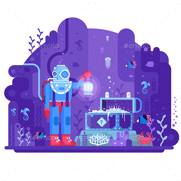 Deep Diver and Sea Treasure Concept - Conceptual Vectors