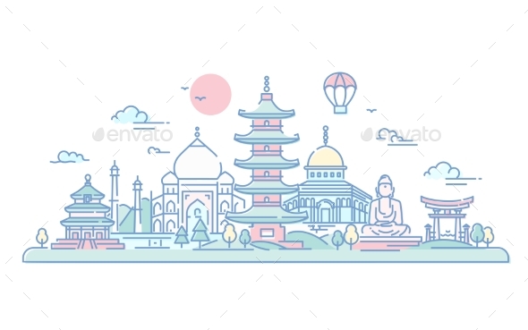 Asian Countries - Vector Line Travel Illustration - Travel Conceptual