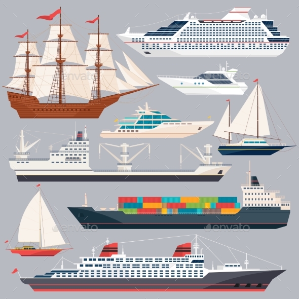 Sea Transportation. Vector Illustrations of Ships - Man-made Objects Objects