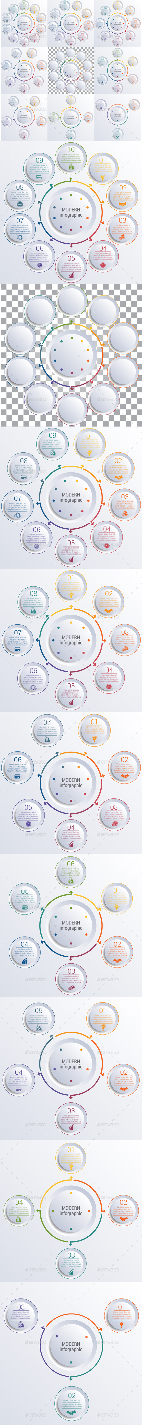 Template for infographic diagram with 3,4,5,6,7,8,9,10 options circles - Infographics
