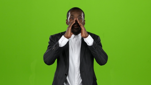 Businessman African American Loudly Calling People To Him. Green Screen alt