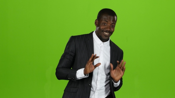 African American Shows Two Finger Up and Dances at the Same Time. Green Screen alt