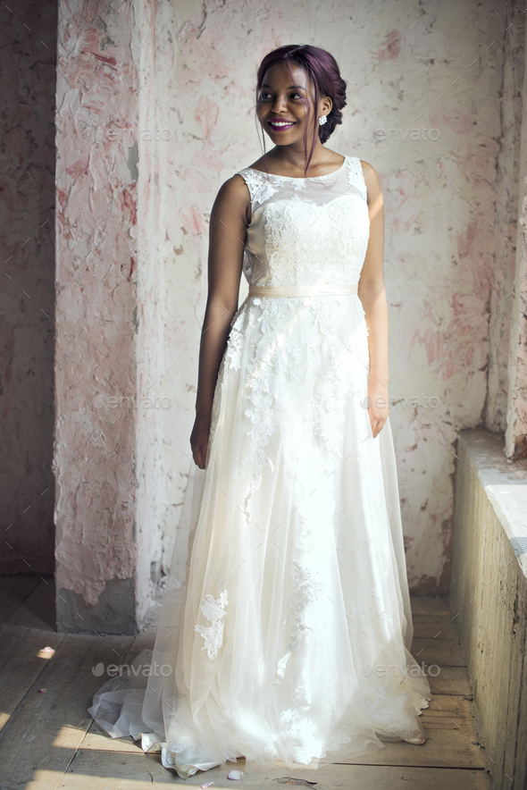 African Descent Bride in White Wedding Dress Cheerful