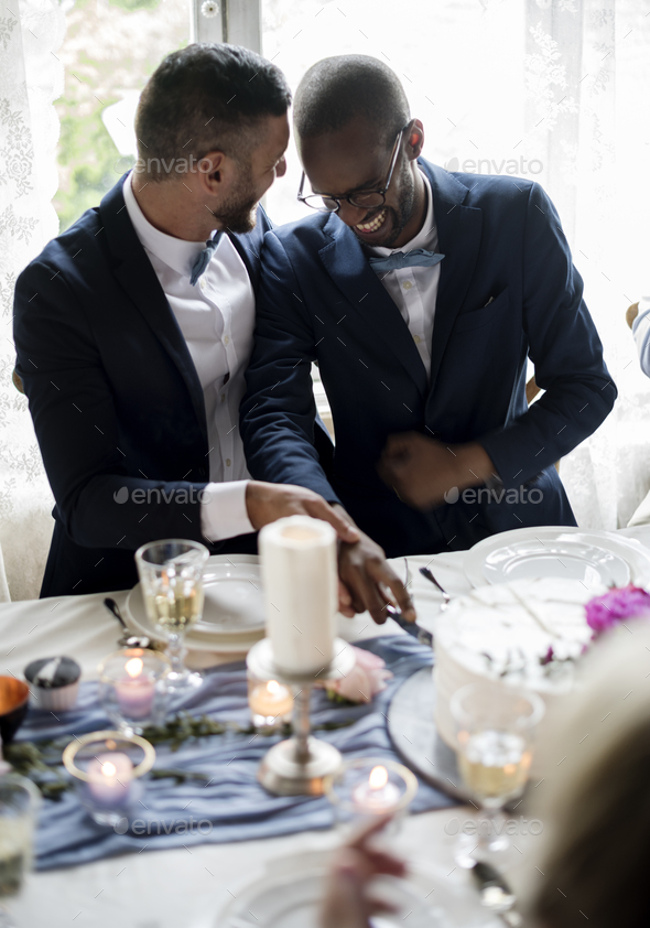 Gay Couple Cutting Cake Together on Wedding Reception