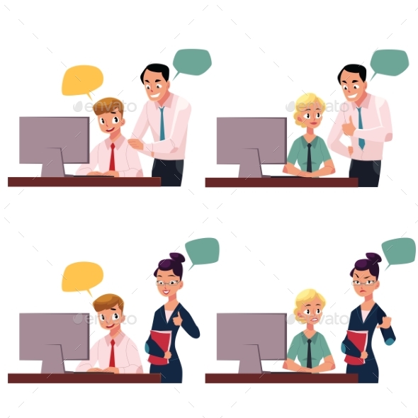 Boss Managing Employee Working on Computer - People Characters