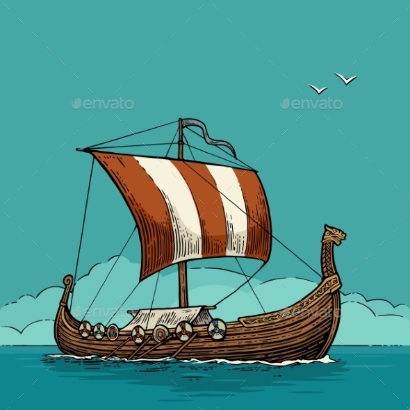 Drakkar Floating on the Sea Waves - Man-made Objects Objects
