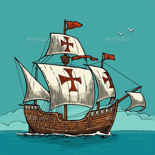 Sailing Ship Floating on the Sea Waves - Man-made Objects Objects