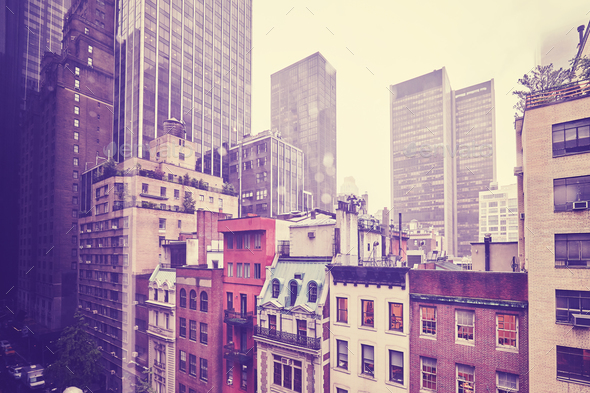 Manhattan Midtown buildings on a rainy day, NYC. - Stock Photo - Images