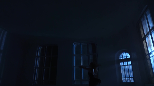 Pirouettes Performed By Graceful Dancer Woman in the Moonlight, Silhouette alt