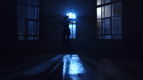 Graceful Girl Dancer Dancing Contemporary Dance, Jumps in Moonlight Silhouette alt