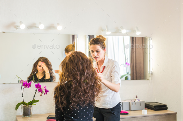 Beauty And People Concept Happy Young Woman With Hairdresser At