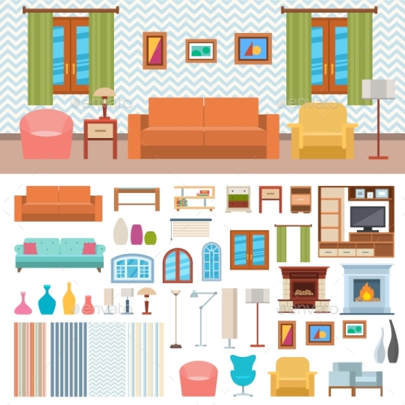 Furniture Room Interior Design and Home Decor - Objects Vectors